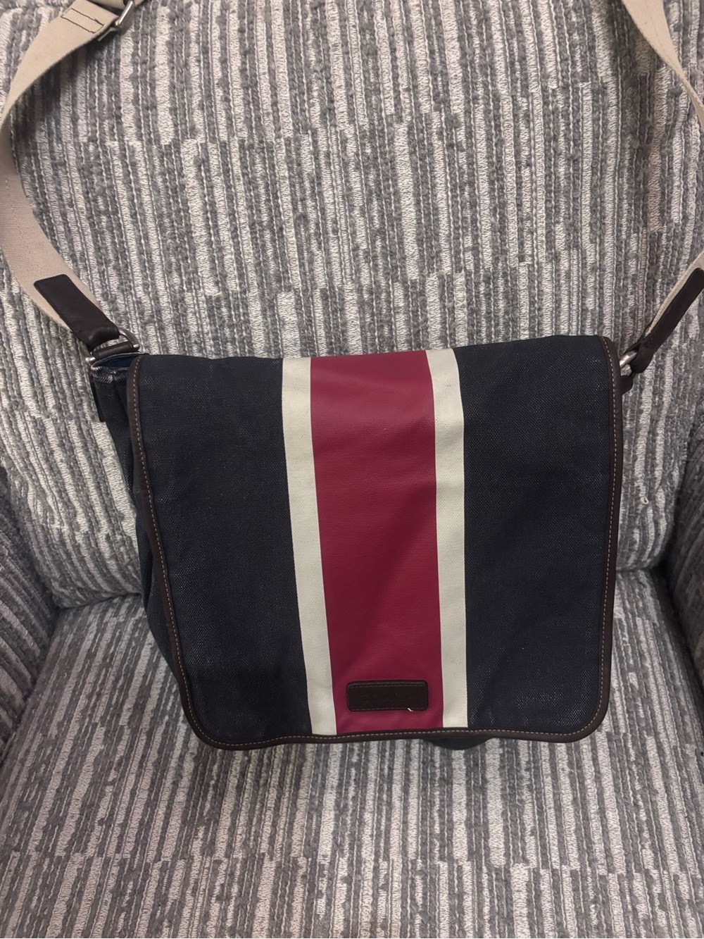 Coach Canvas Messenger Bag in Navy Blue with Red and White Stripe